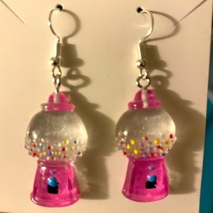 Pink bubble gum machine silver tone earrings